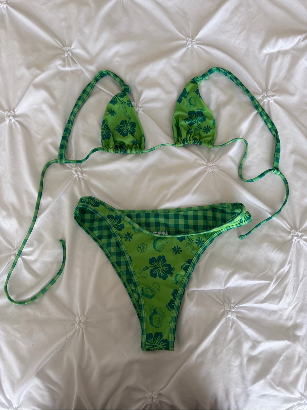 Green Floral & Gingham Tie Bikini Set
